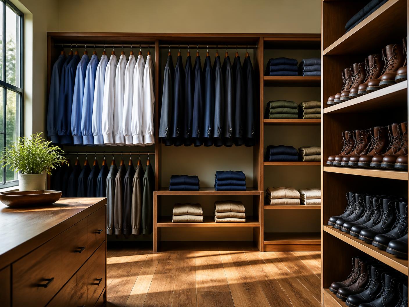 Interview clothing on hangers next to new steel-toe work boots in the clothing closet