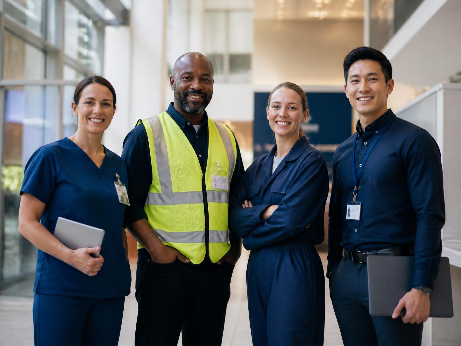 A nurse, a construction worker, a warehouse supervisor and an office professional reviewing plans together in a bright workspace